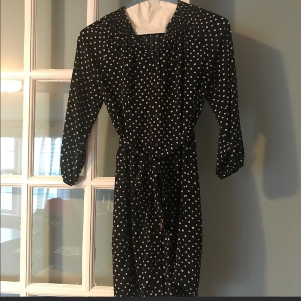 Navy and white polka dot shirt dress